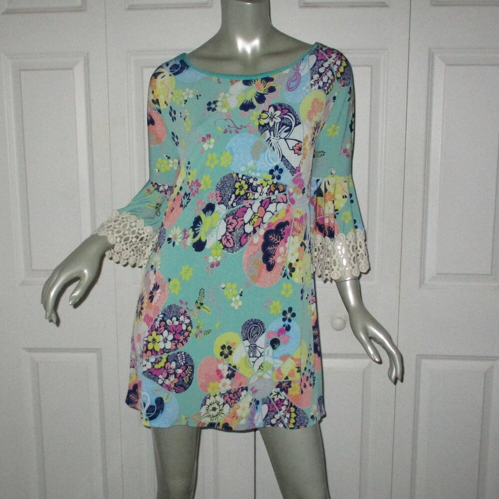 JUDITH MARCH Green Floral 60's Inspired Mini Dress Crochet Sleeves
